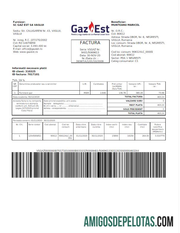 realista ROMÊNIA GAZ EST Conta de serviços públicos modelo Word e PDF